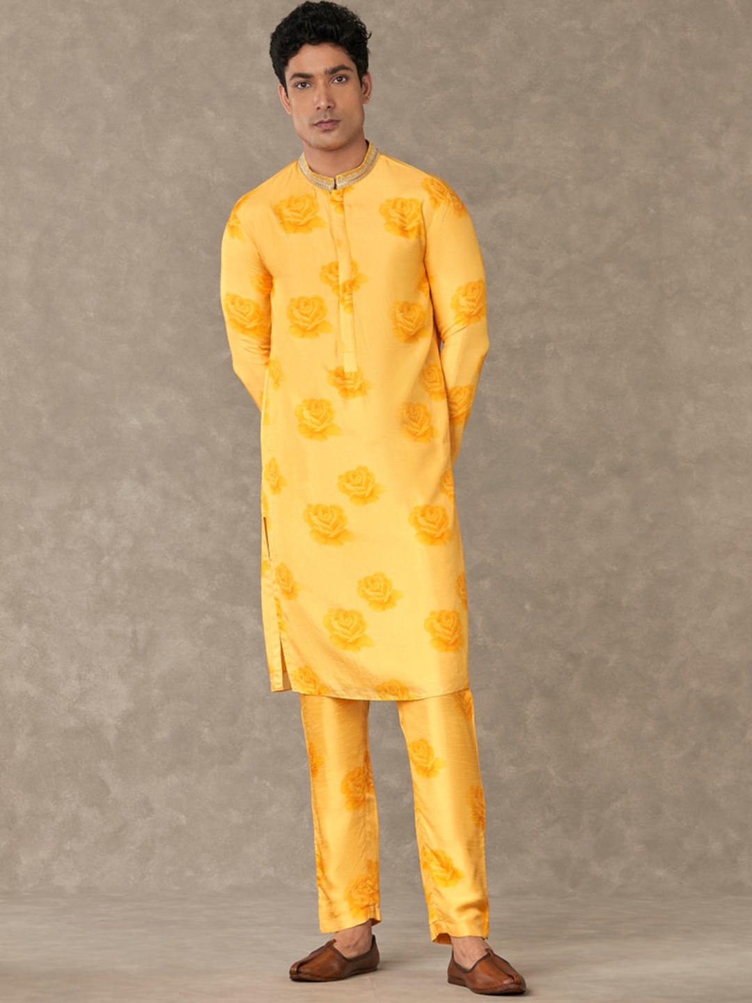 Masaba Yellow Gulaab Printed Mandarin Collar Kurta
