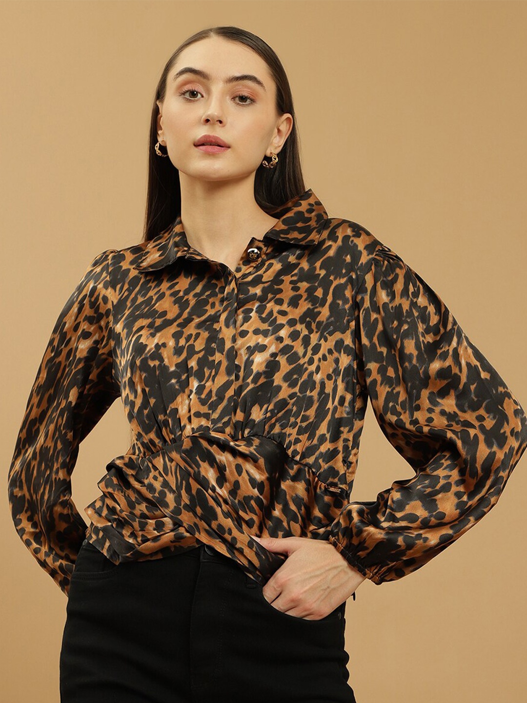 

Beatnik Animal Skin Printed Shirt Collar Puff Sleeve Regular Top, Brown