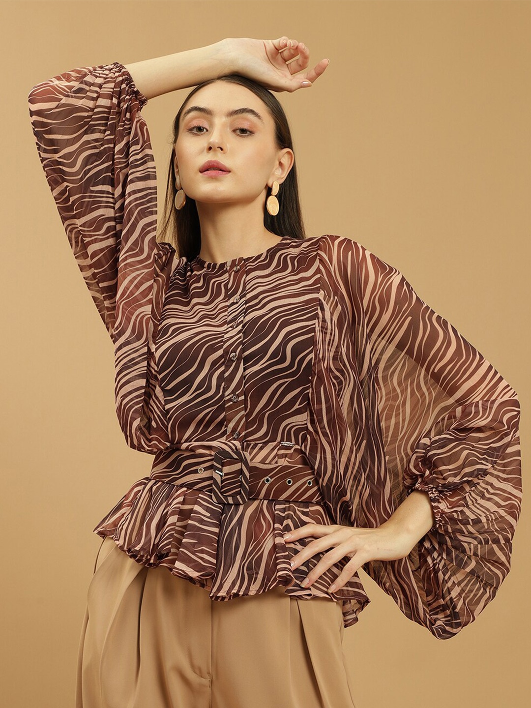 

Beatnik Animal Skin Printed Kimono Sleeve Belted Regular Top, Brown