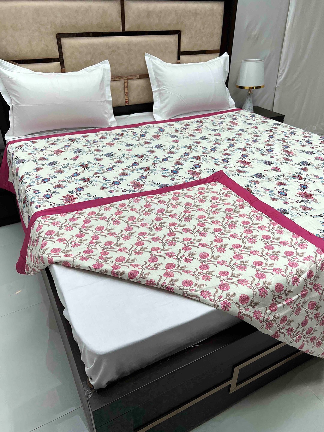 

Pure Decor Silken Pink Floral AC Room Cotton 300 GSM King Size Reversible Double Bed Dohar