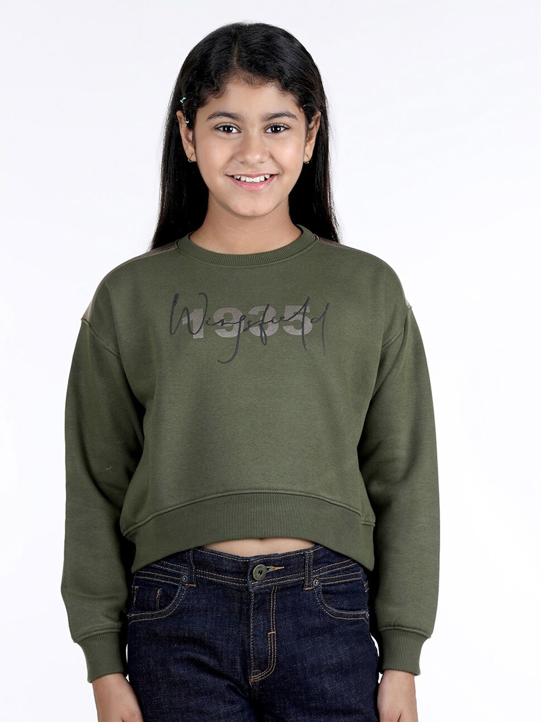 

Wingsfield Girls Typography Printed Crop Fleece Pullover, Olive