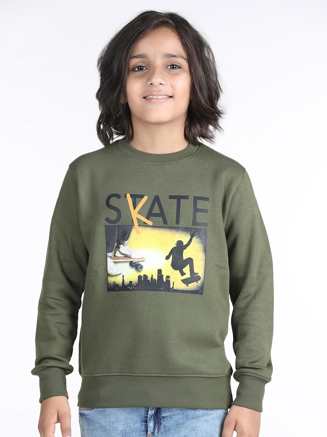 

Wingsfield Boys Typography Printed Fleece Pullover, Olive
