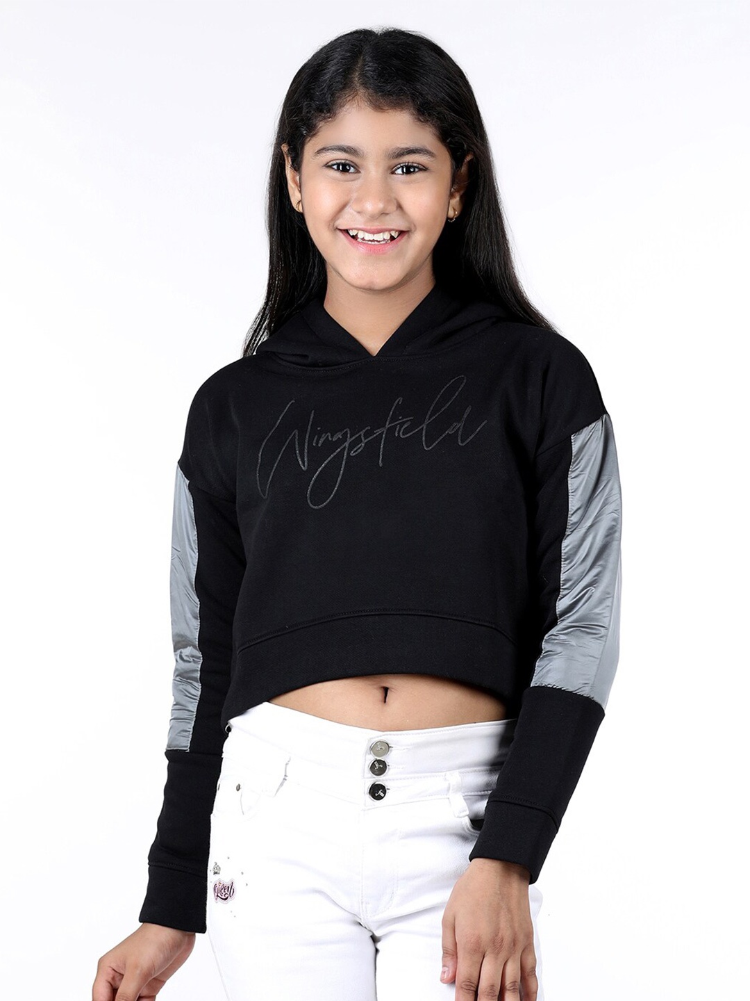 

Wingsfield Girls Typography Printed Hooded Crop Fleece Pullover, Black