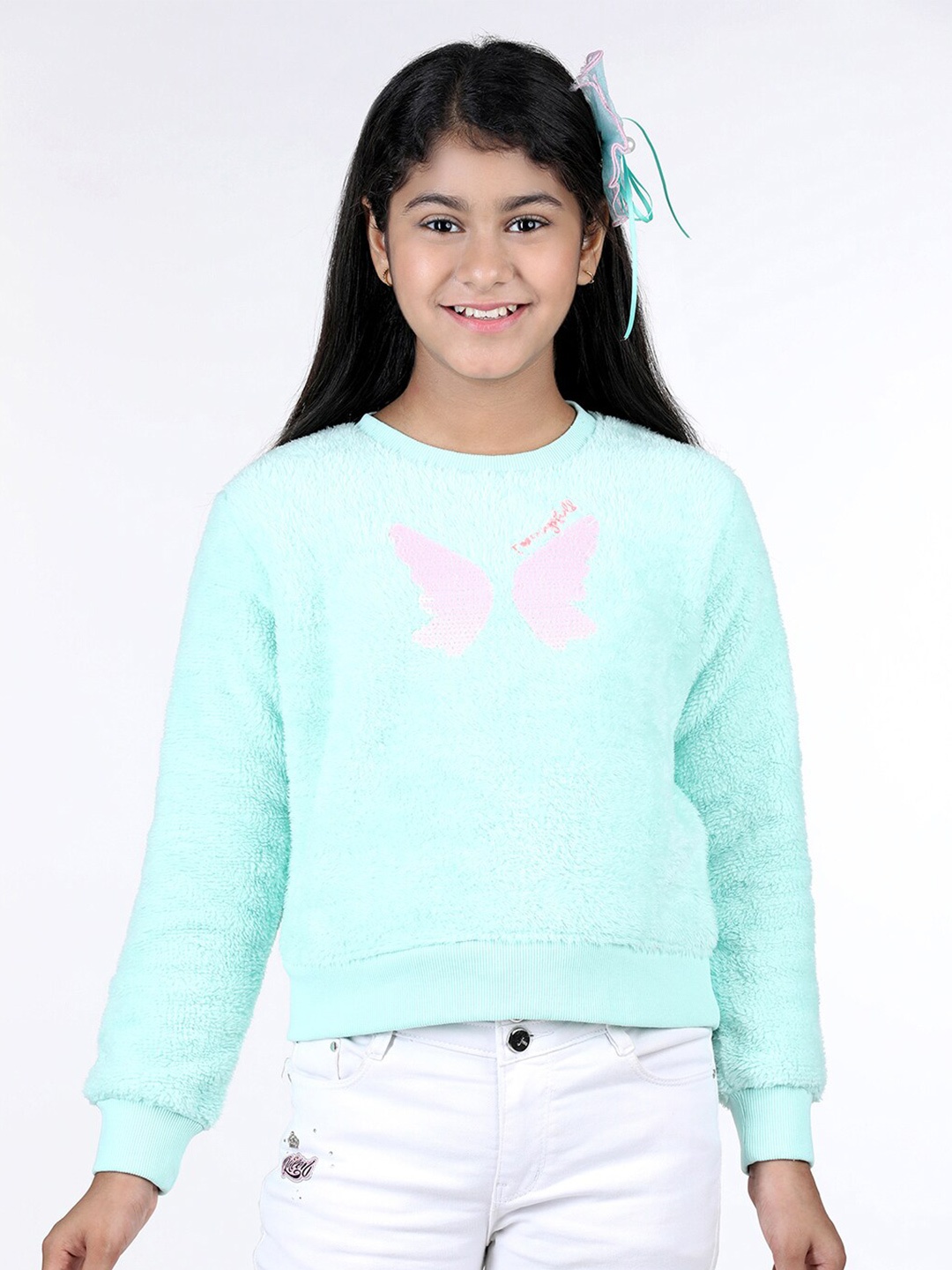 

Wingsfield Girls Self Design Fleece Pullover, Sea green