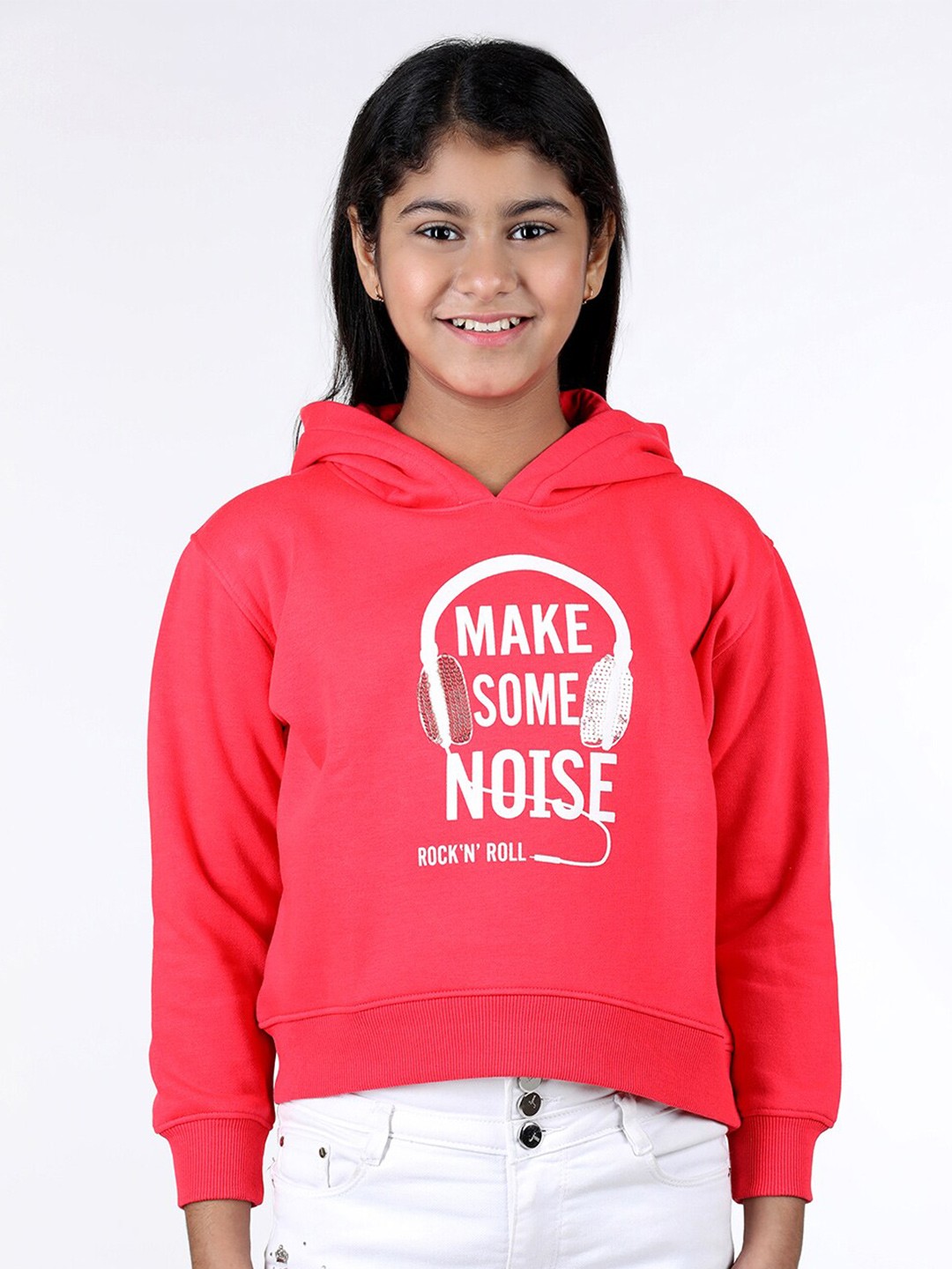 

Wingsfield Girls Typography Printed Hooded Fleece Pullover, Coral