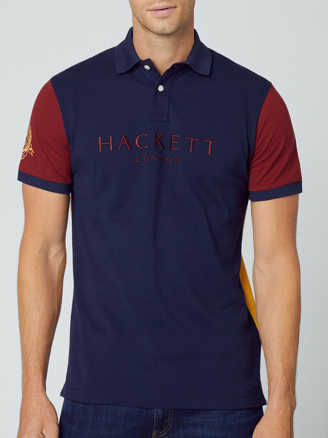 

HACKETT LONDON Colourblocked Long Sleeve Polo Collar Cotton T-shirt, Navy blue