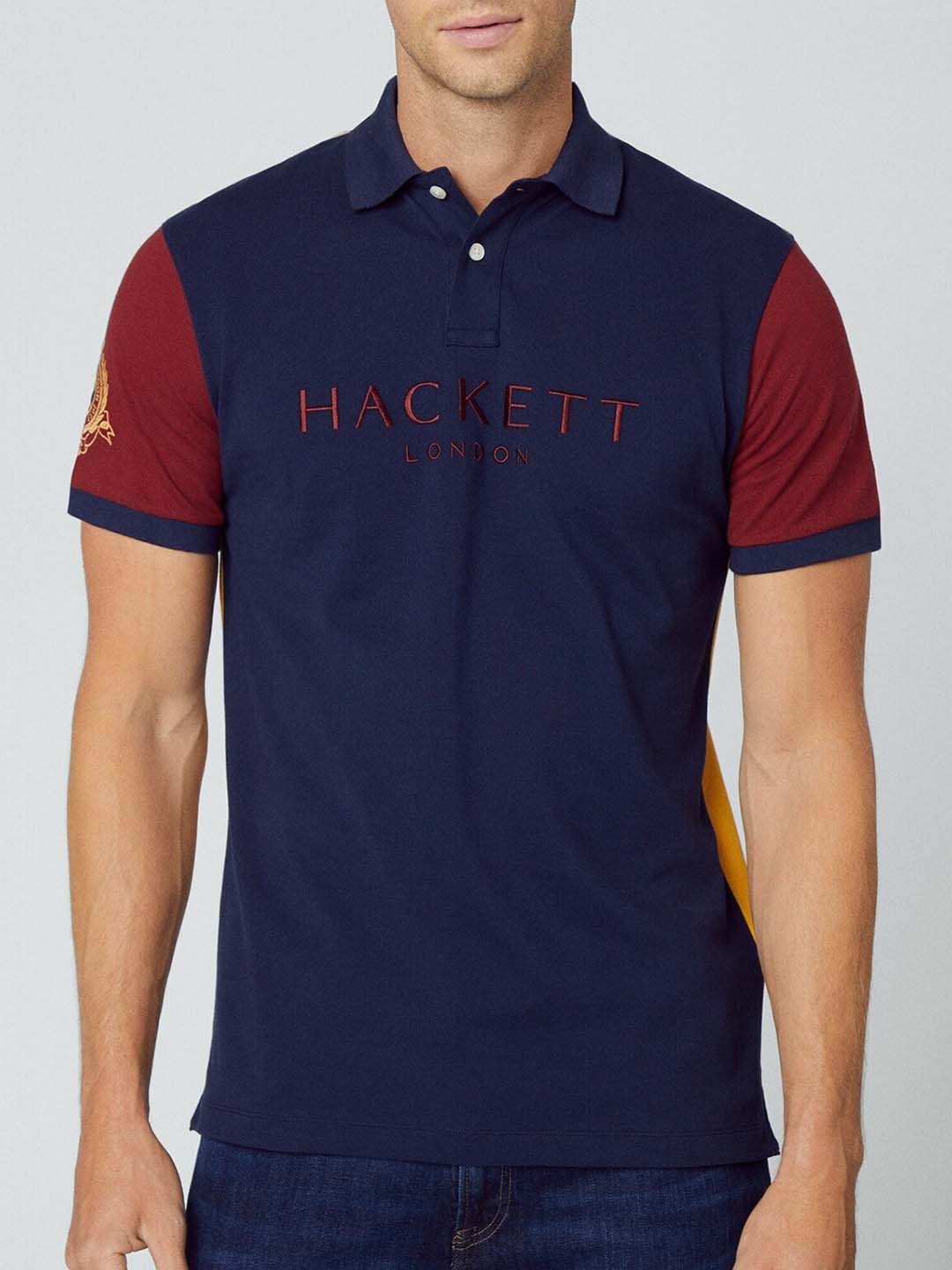 

HACKETT LONDON Colourblocked Polo Collar Cotton T-shirt, Navy blue