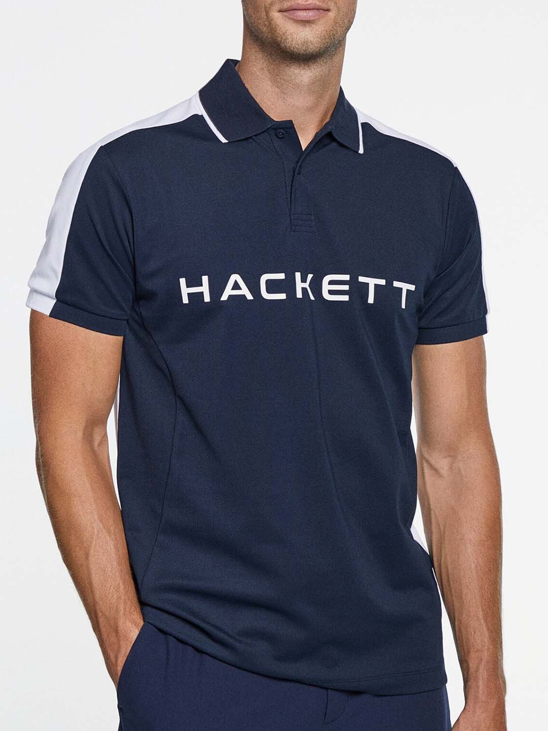 

HACKETT LONDON Typography Printed Polo Collar Cotton T-shirt, Navy blue