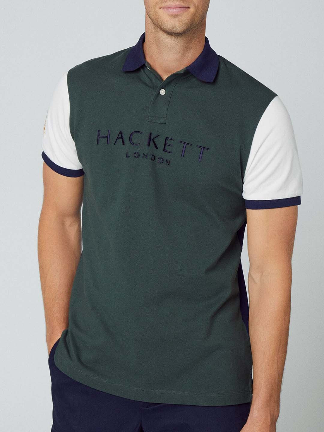 

HACKETT LONDON Colourblocked Polo Collar Cotton T-shirt, Green