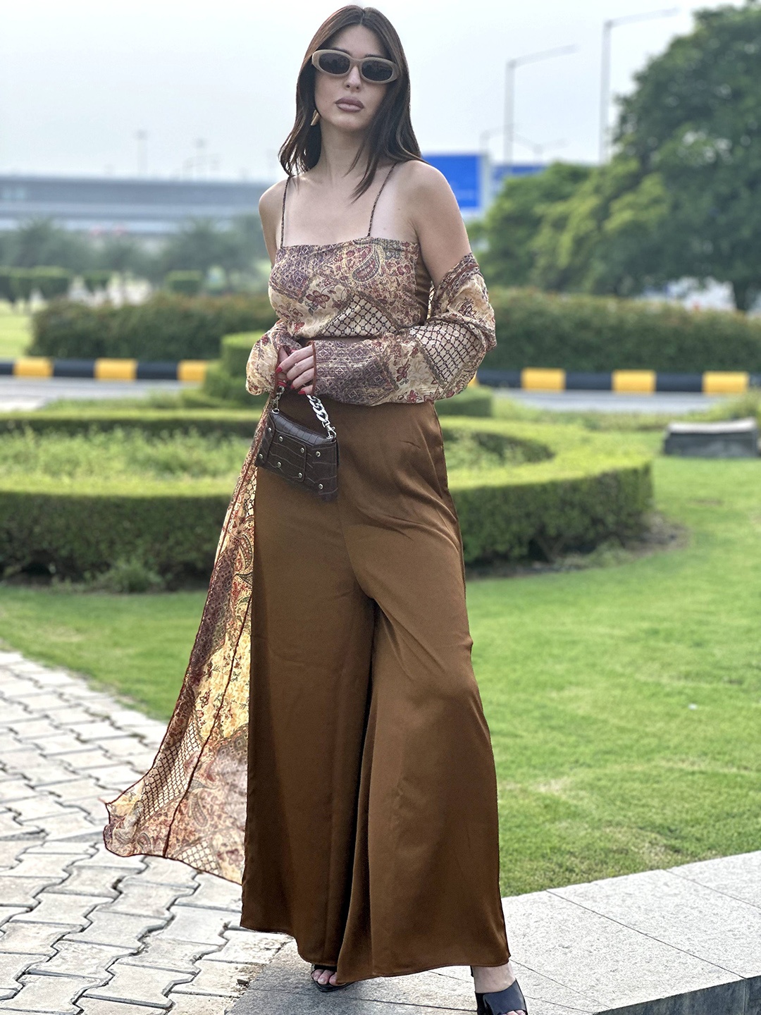 

StyleAsh Abstract Printed Top Shrug & Trousers Co-Ords, Bronze