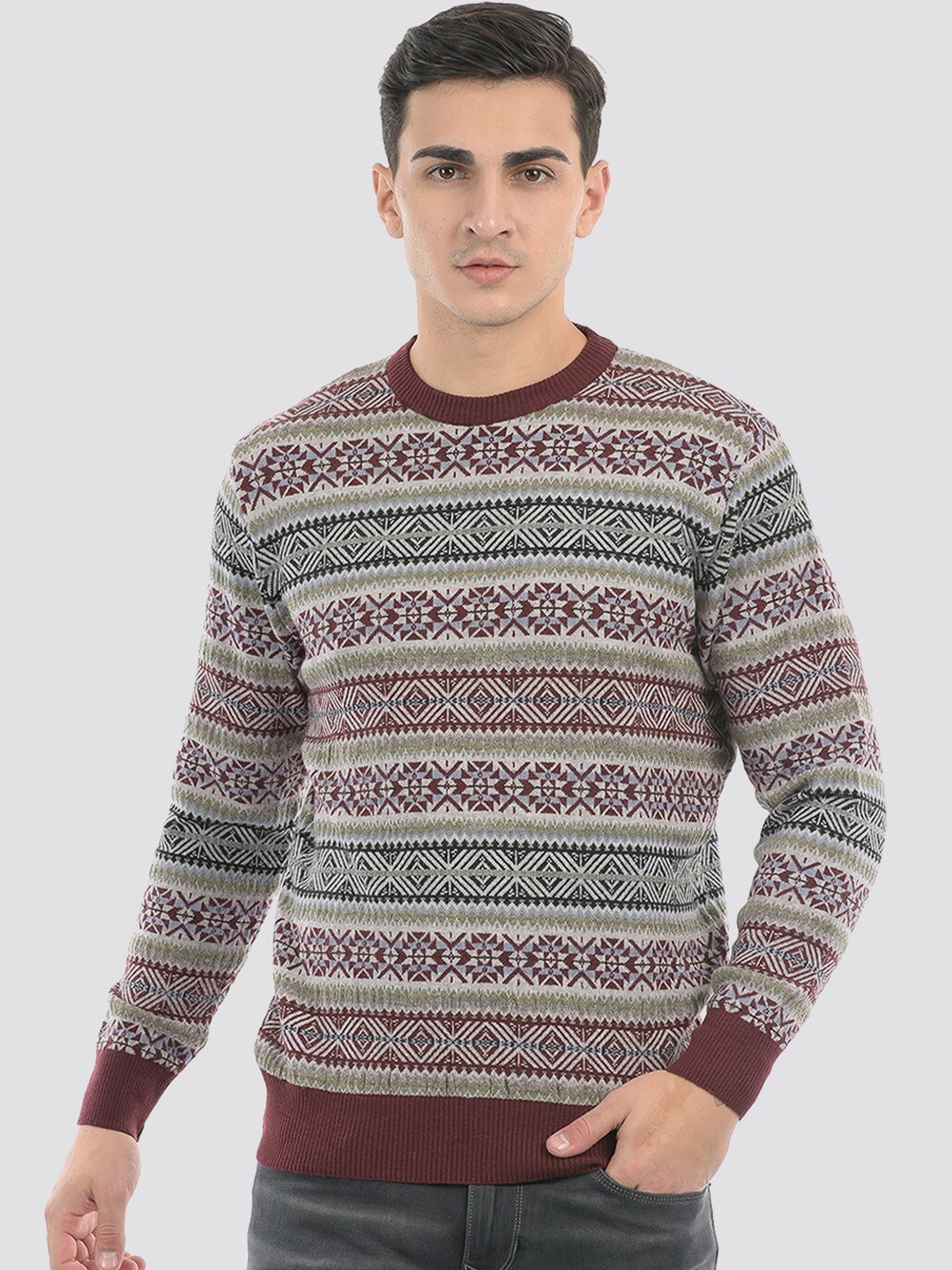 

LONDON FOG Ethnic Motifs Printed Pullover, Maroon
