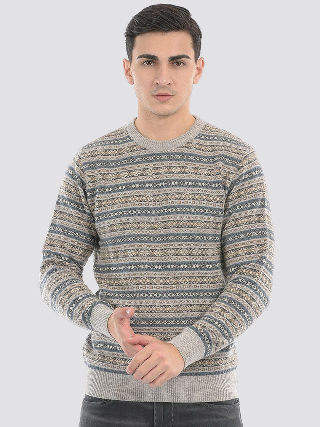 

LONDON FOG Ethnic Motifs Printed Acrylic Pullover, Grey
