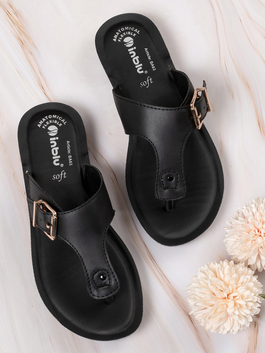 

Inblu Slip-On Open Toe Flats With Buckle Detail, Black