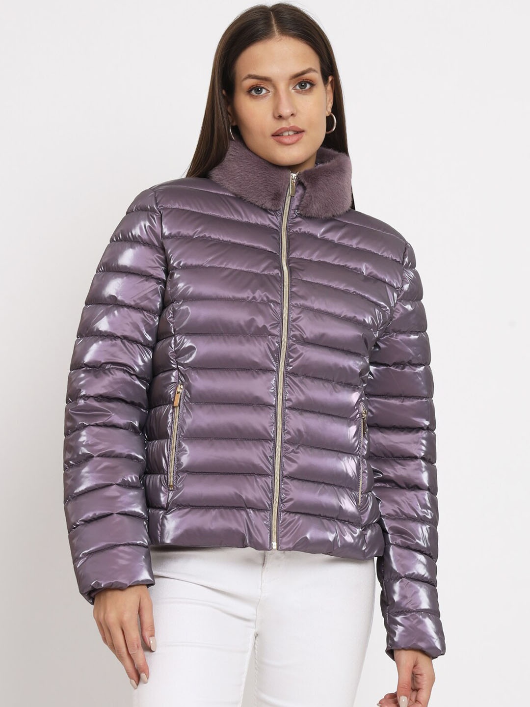 

VividArtsy Mock Collar Puffer Jacket, Purple