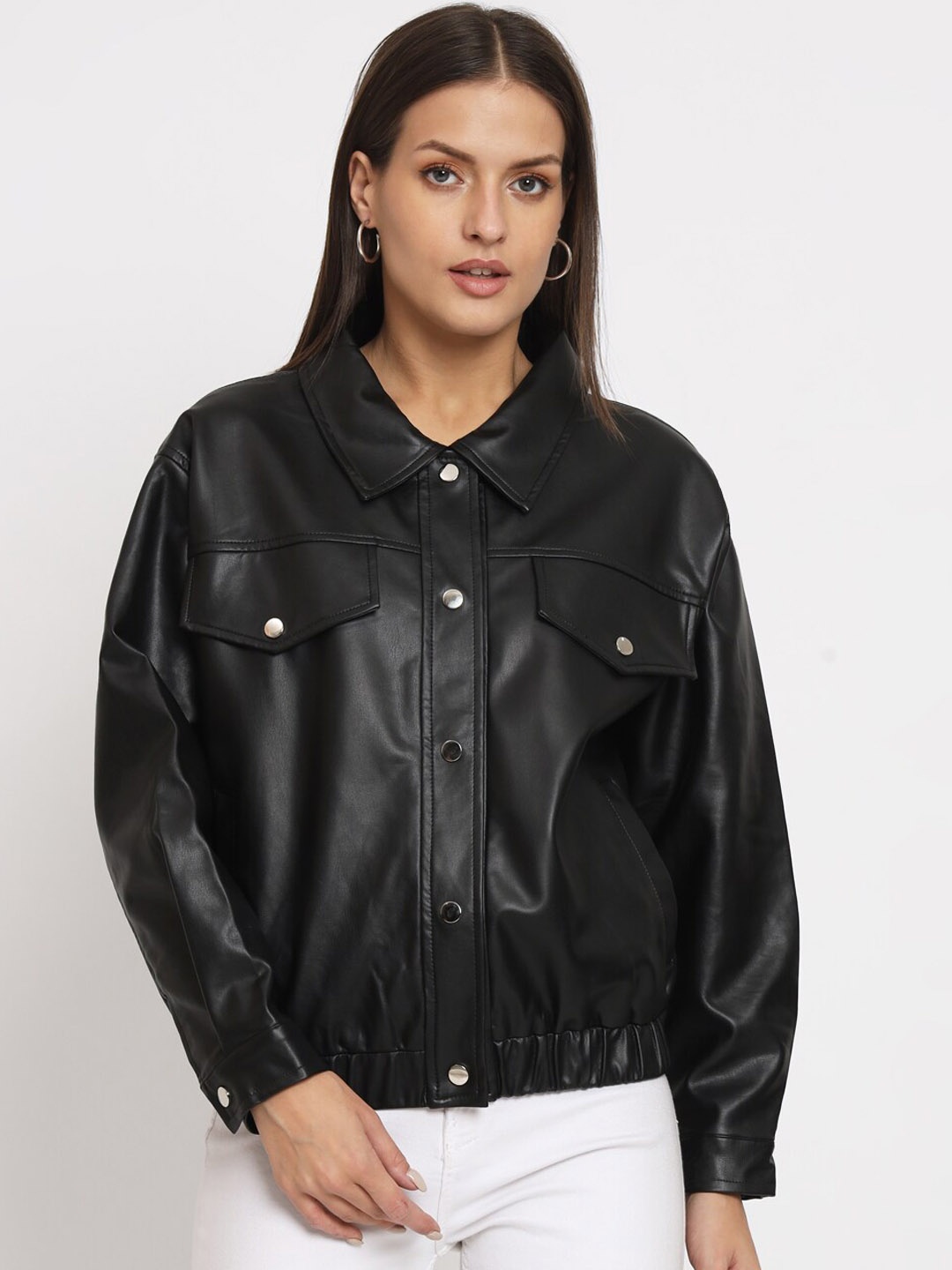 

VividArtsy Spread Collar Leather Jacket, Black