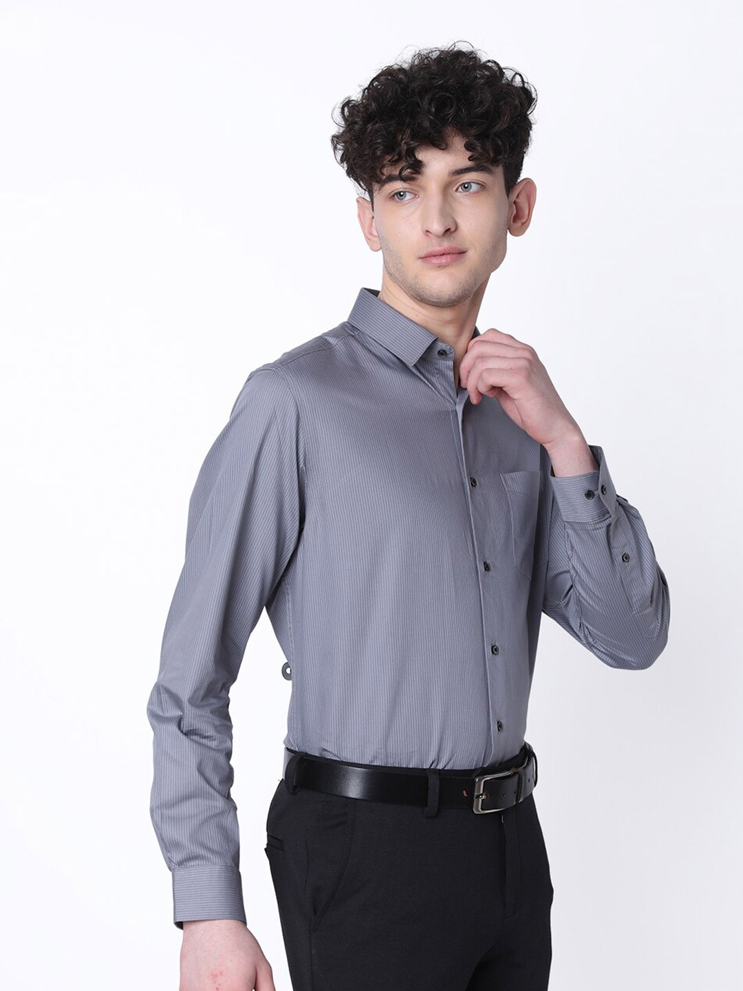 

J Hampstead Striped Cotton Formal Shirt, Grey