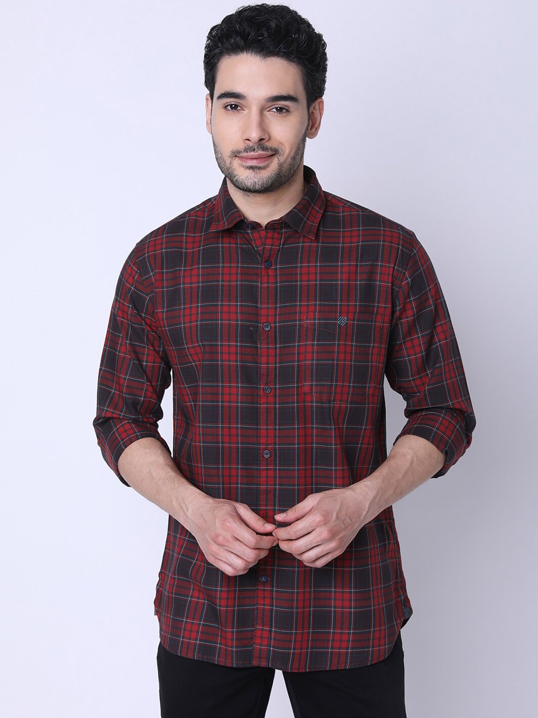 

J Hampstead Slim Fit Tartan Checks Cotton Casual Shirt, Red