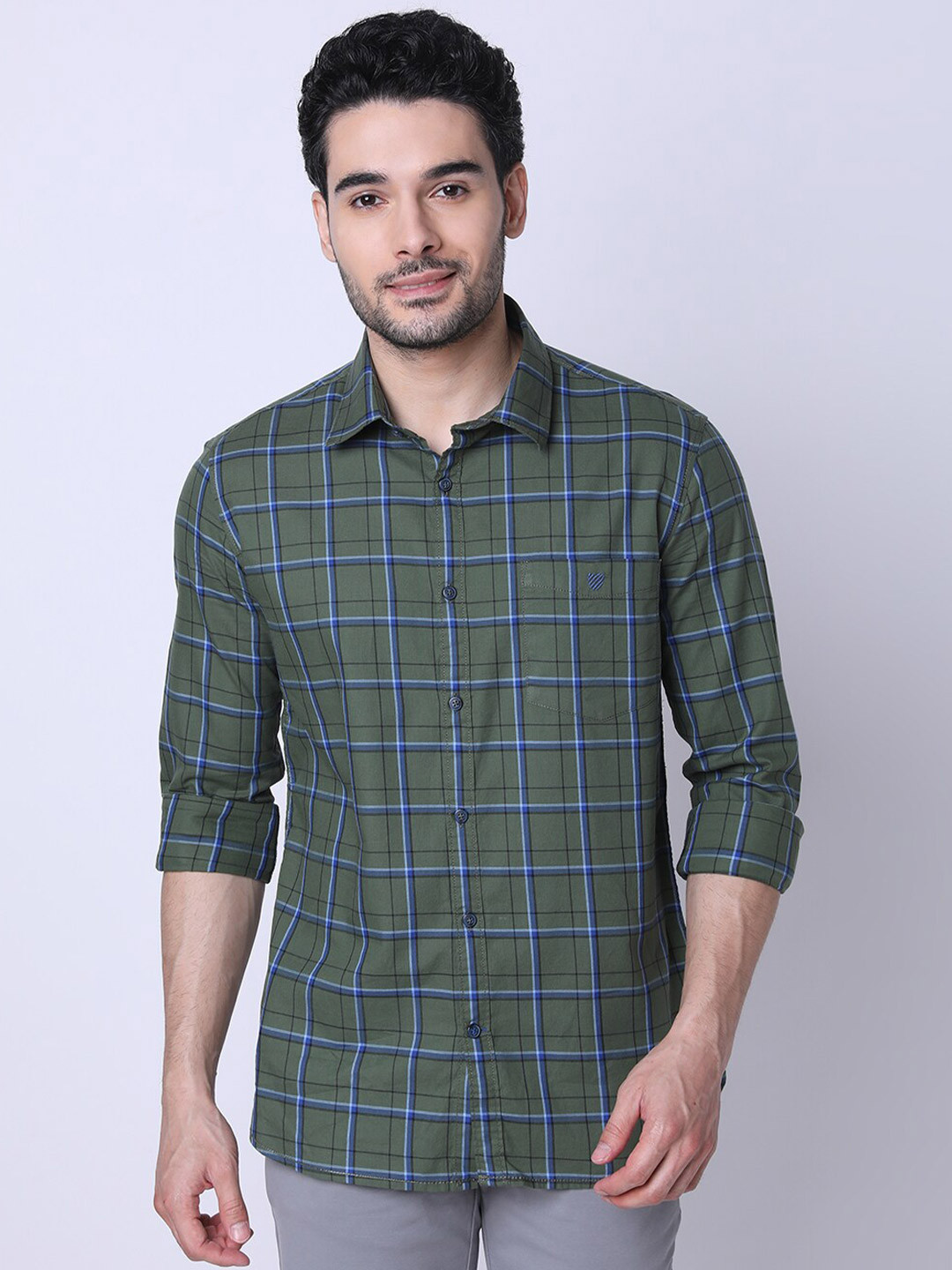 

J Hampstead Slim Fit Checked Cotton Casual Shirt, Green