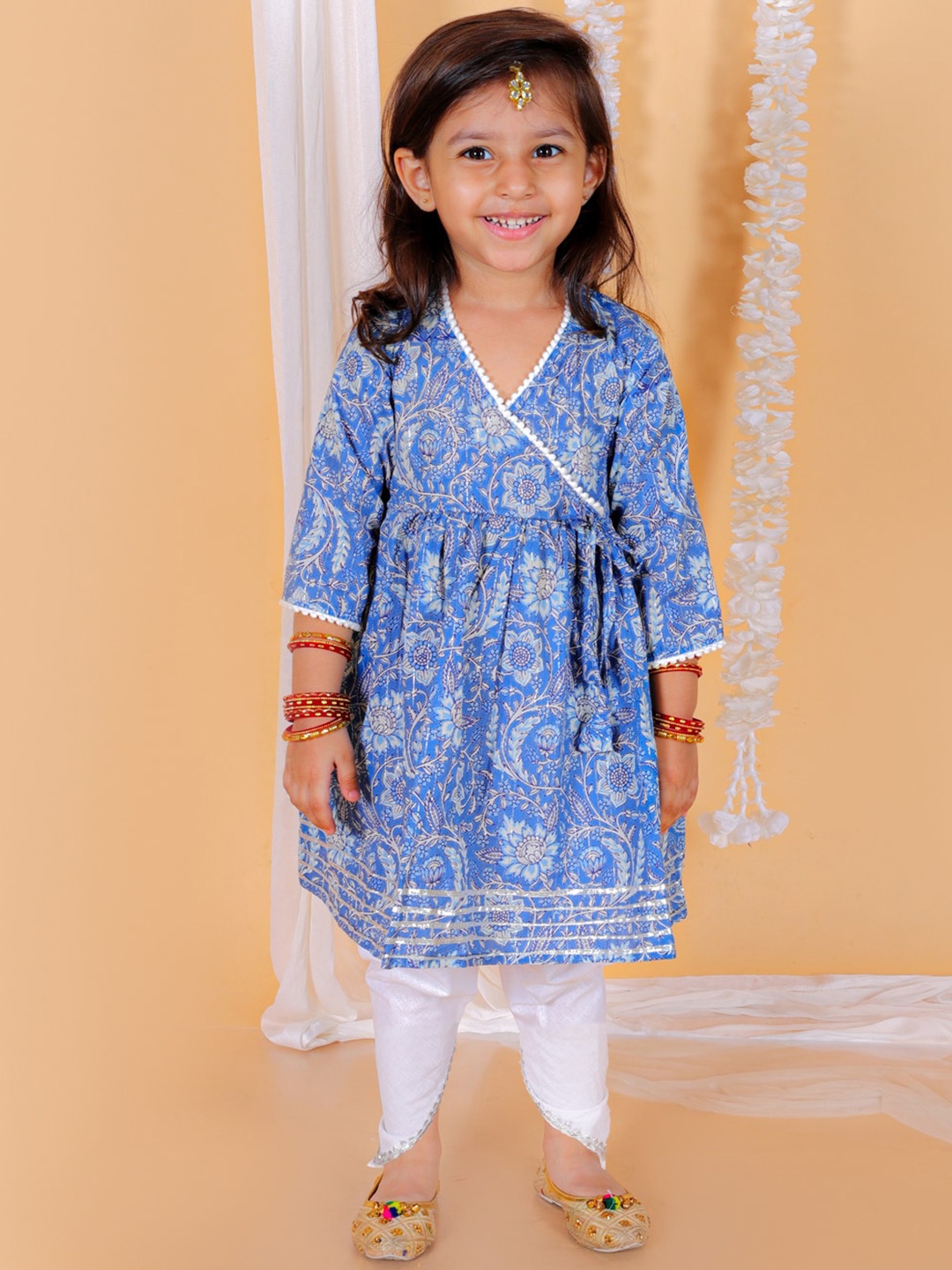 

The Mom Store Girls Floral Printed Gotta Patti Pure Cotton Anarkali Kurta With Dhoti Pants, Blue