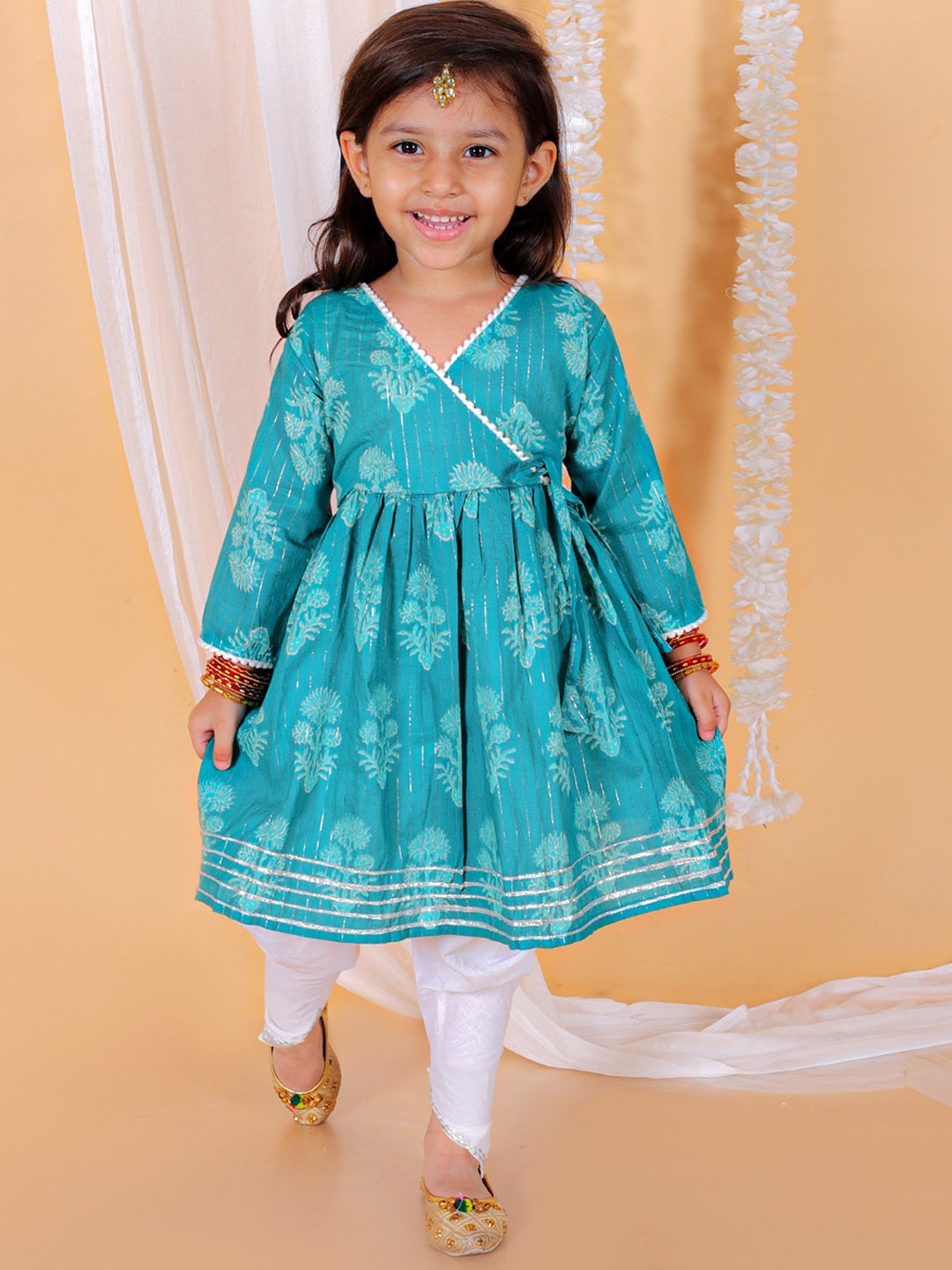 

The Mom Store Girls Ethnic Motifs Printed Angrakha Pure Cotton Kurta With Dhoti Pants, Green