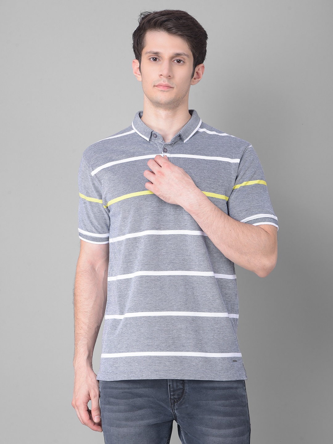 

Crimsoune Club Striped Polo Collar Pure Cotton T-shirt, Grey