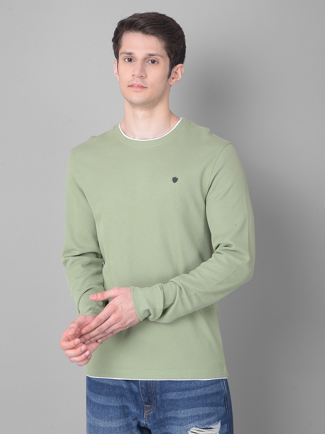

Crimsoune Club Self Design Long Sleeves Pure Cotton Slim Fit T-shirt, Olive