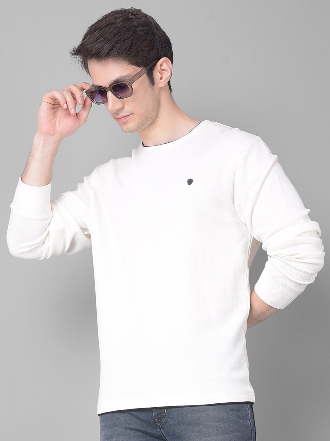 

Crimsoune Club Self Design Long Sleeves Pure Cotton Slim Fit T-shirt, White