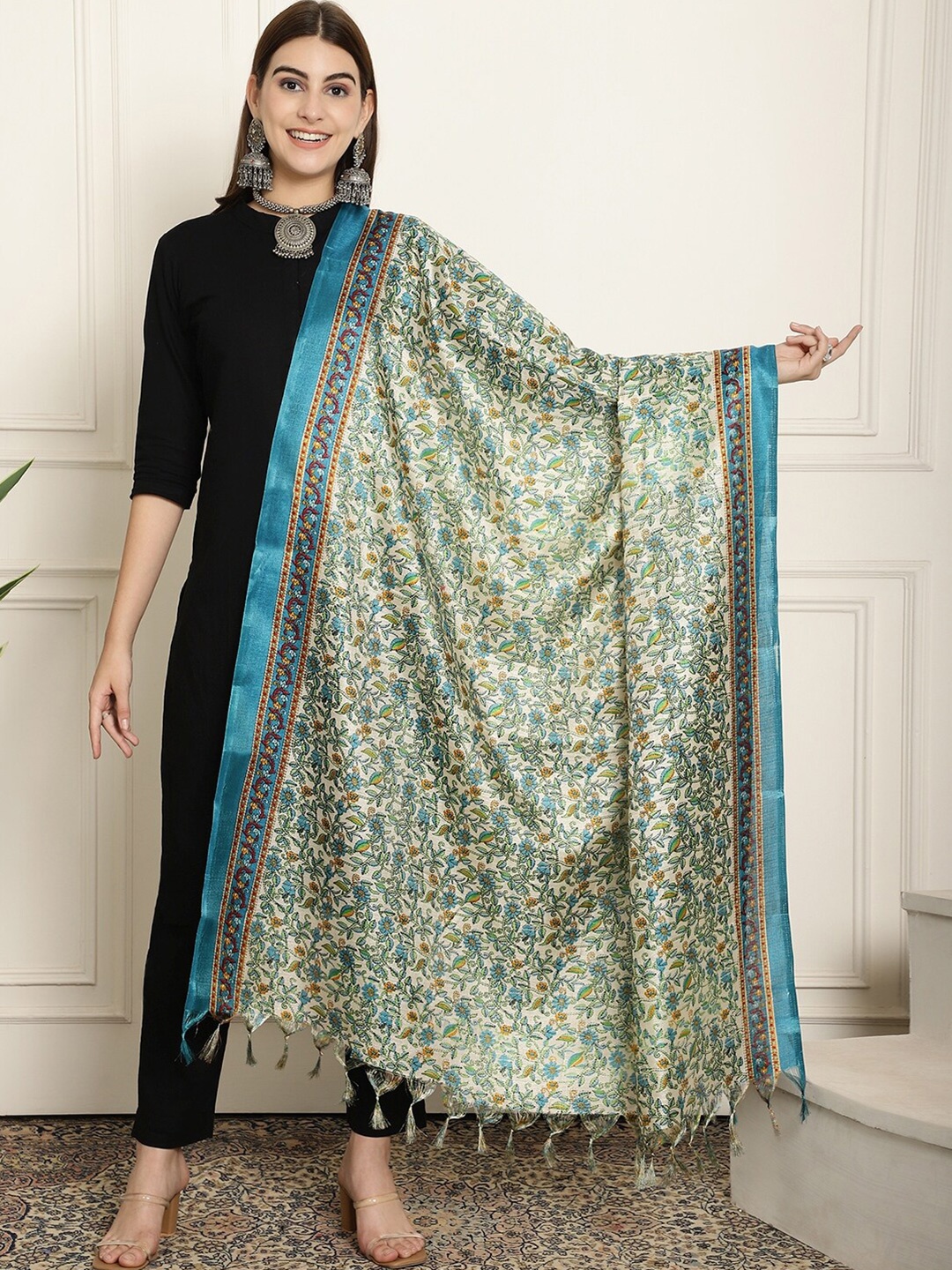 

LOOM LEGACY Kalamkari Printed Art Silk Dupatta, Blue