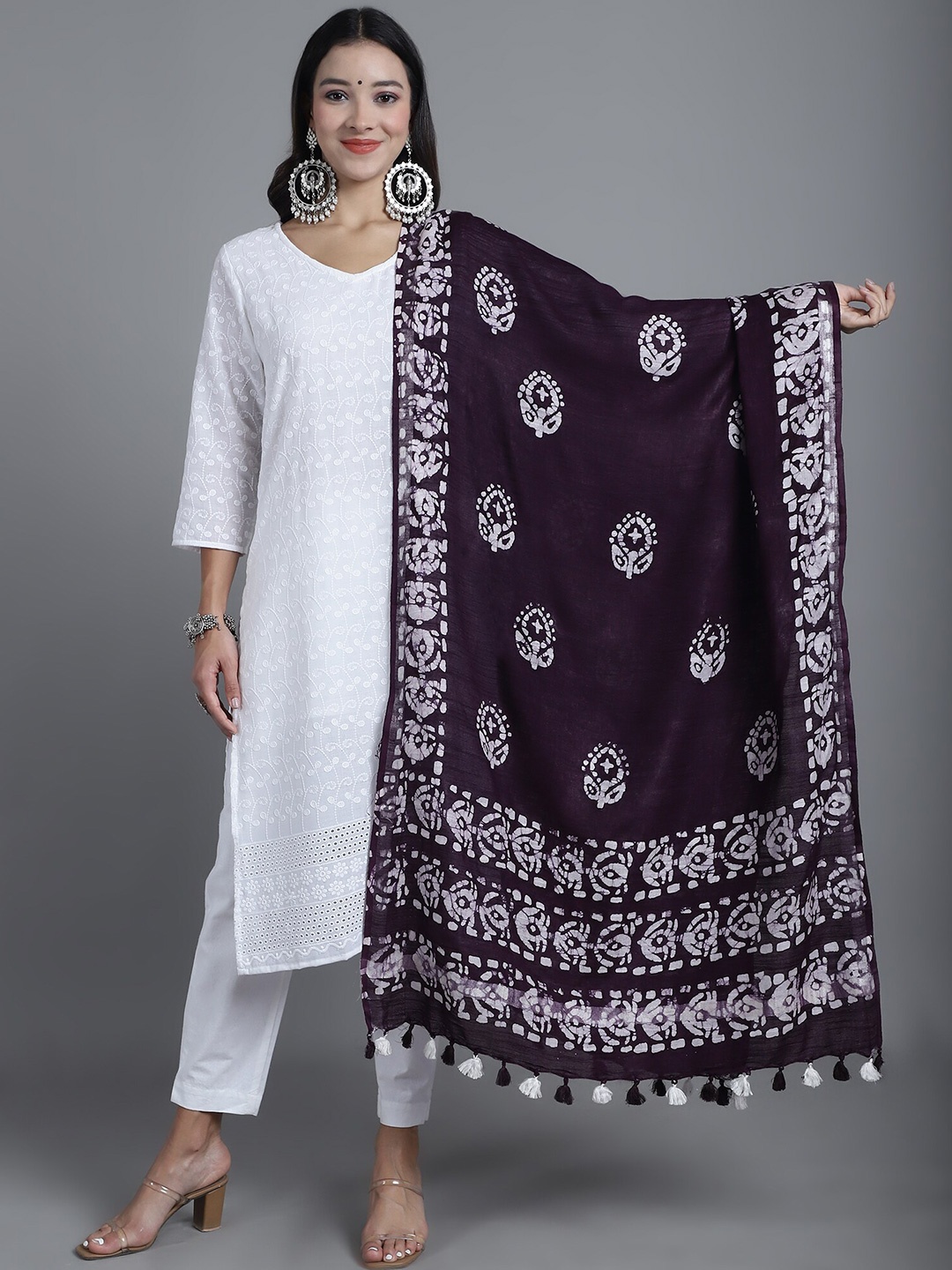 

LOOM LEGACY Handblock Printed Cotton Silk Dupatta, Purple