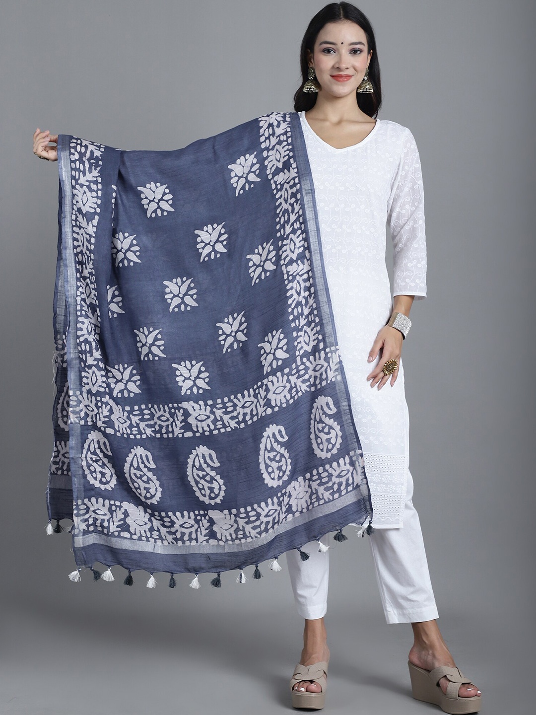 

LOOM LEGACY Ethnic Motifs Printed Cotton Silk Dupatta, Blue