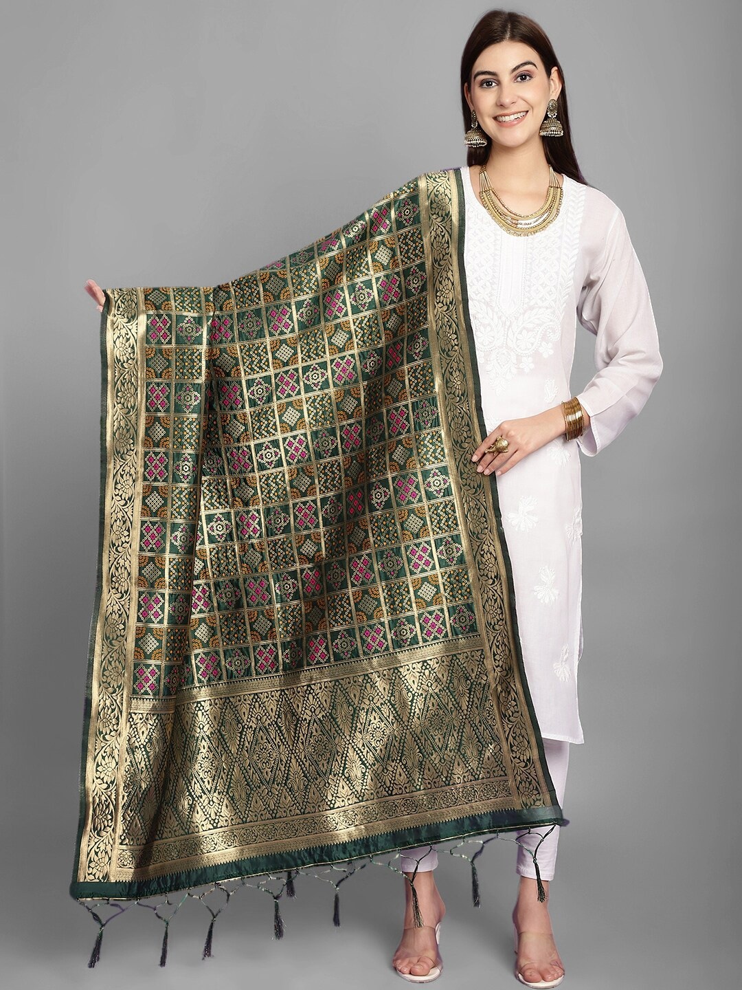 

LOOM LEGACY Ethnic Motifs Woven Design Zari Dupatta, Green