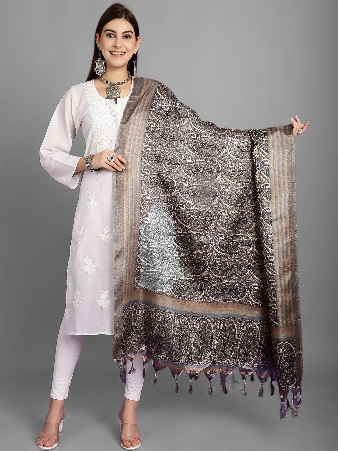 

LOOM LEGACY Paisley Printed Art Silk Dupatta, Black