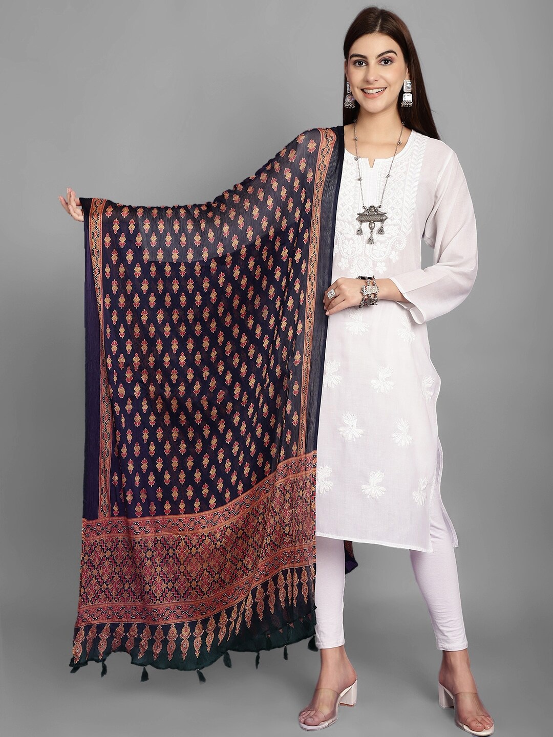 

LOOM LEGACY Ethnic Motifs Printed Chiffon Dupatta, Navy blue