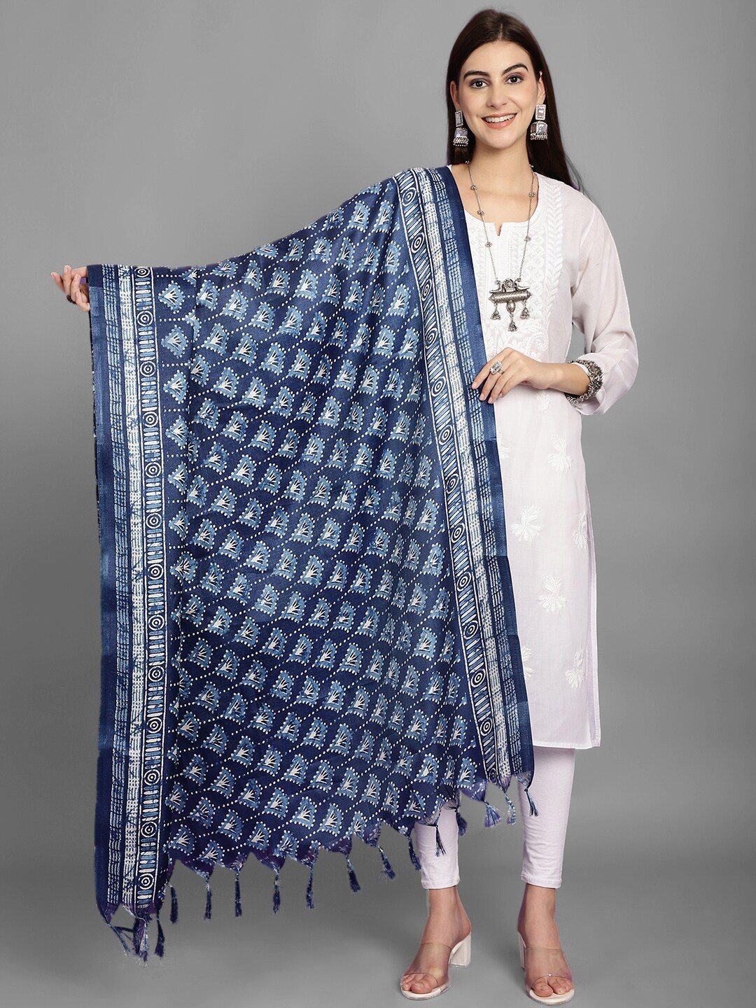 

LOOM LEGACY Ethnic Motifs Printed Art Silk Dupatta, Navy blue