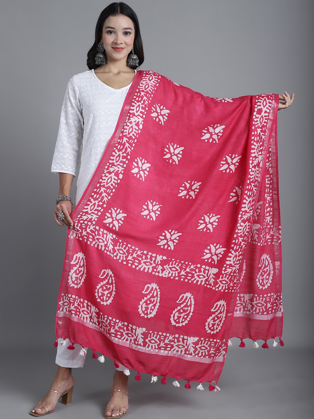 

LOOM LEGACY Paisley Printed Cotton Silk Dupatta, Pink