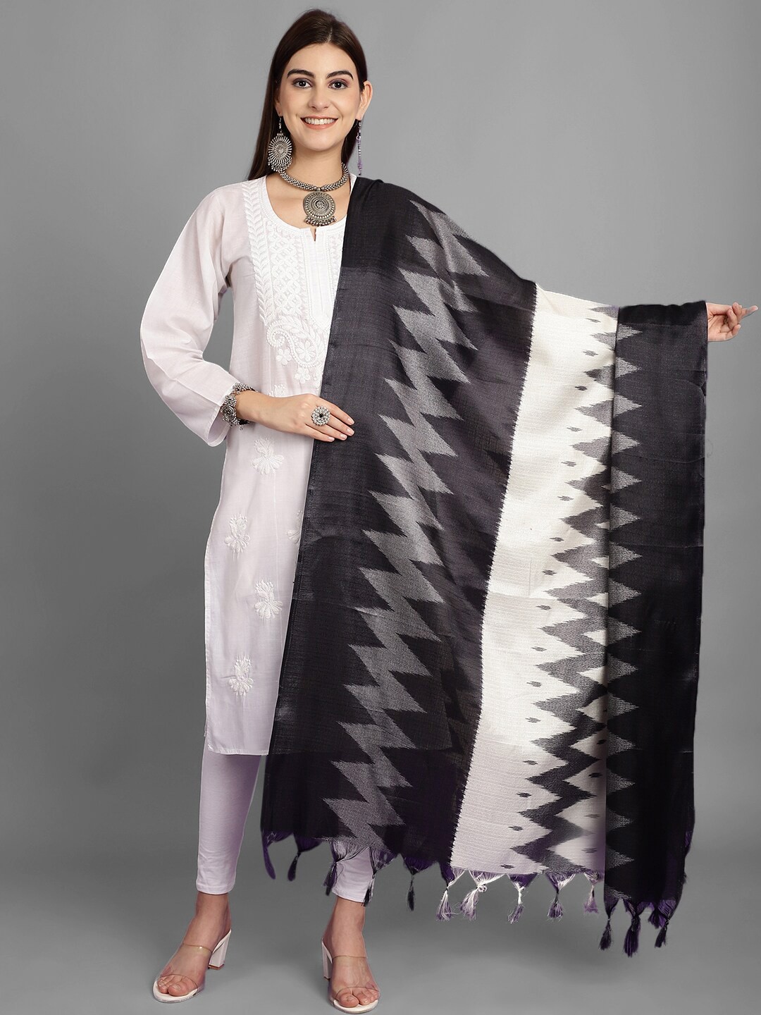

LOOM LEGACY Ethnic Motifs Printed Art Silk Dupatta, Black