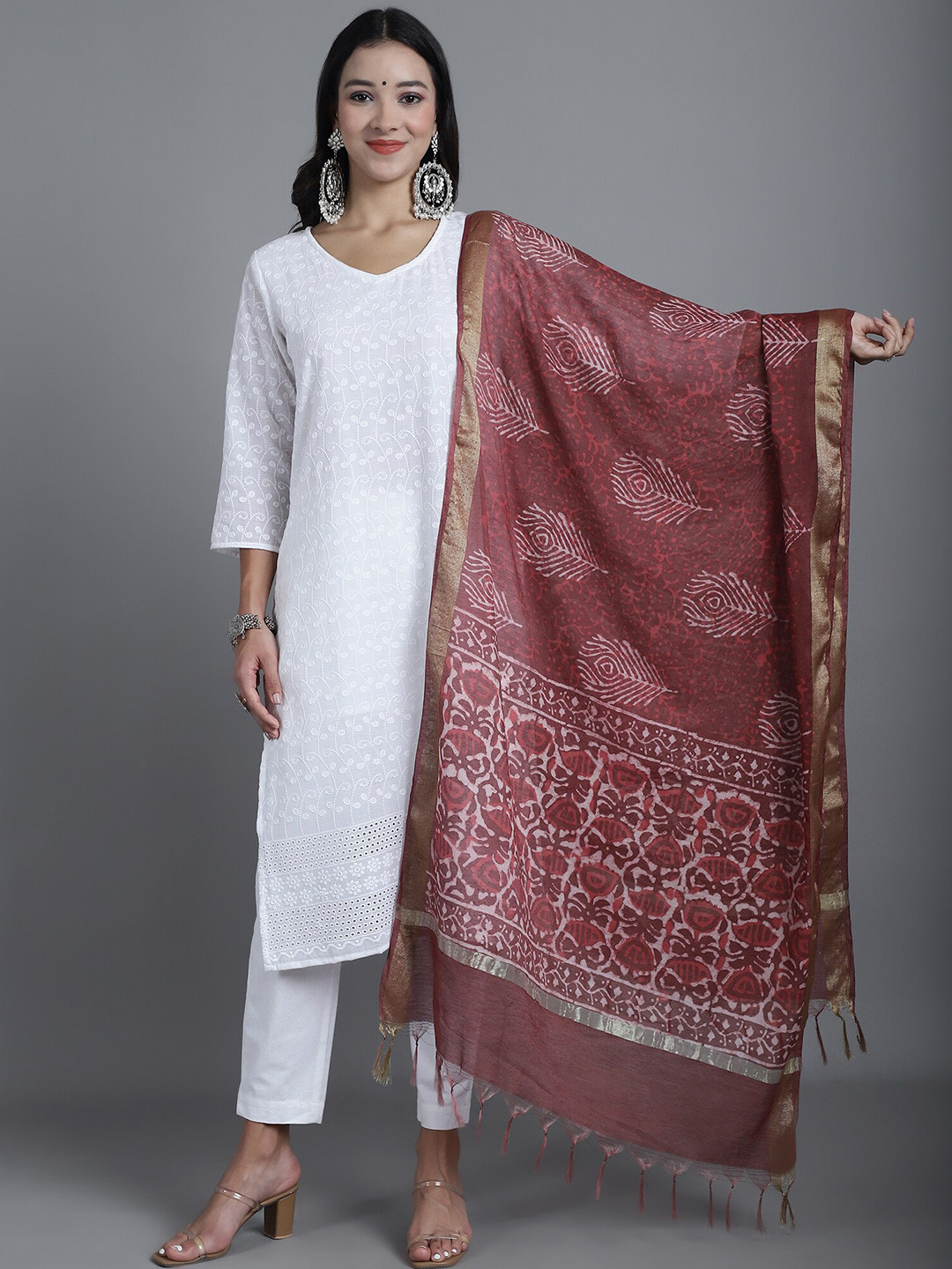 

LOOM LEGACY Ethnic Motifs Printed Handblock Chanderi Dupatta, Maroon