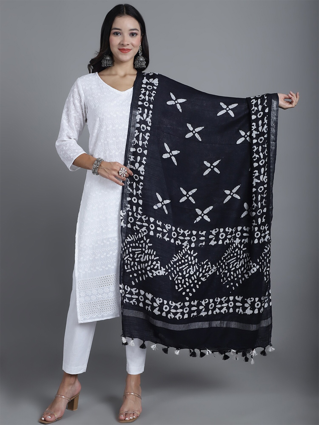 

LOOM LEGACY Ethnic Motifs Printed Cotton Silk Dupatta, Black
