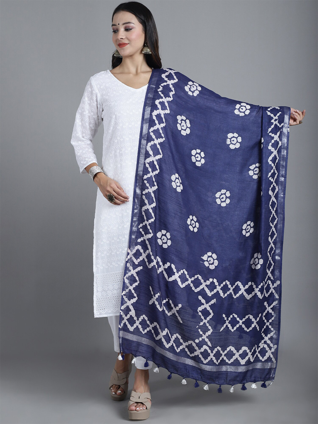 

LOOM LEGACY Bagru Ethnic Motifs Block Printed Tasselled Cotton Silk Dupatta, Navy blue