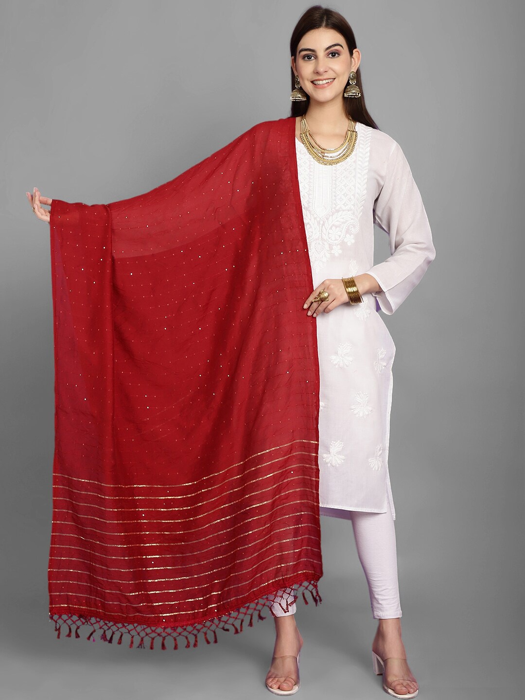

LOOM LEGACY Ethnic Motifs Embroidered Zari Cotton Silk Dupatta, Maroon