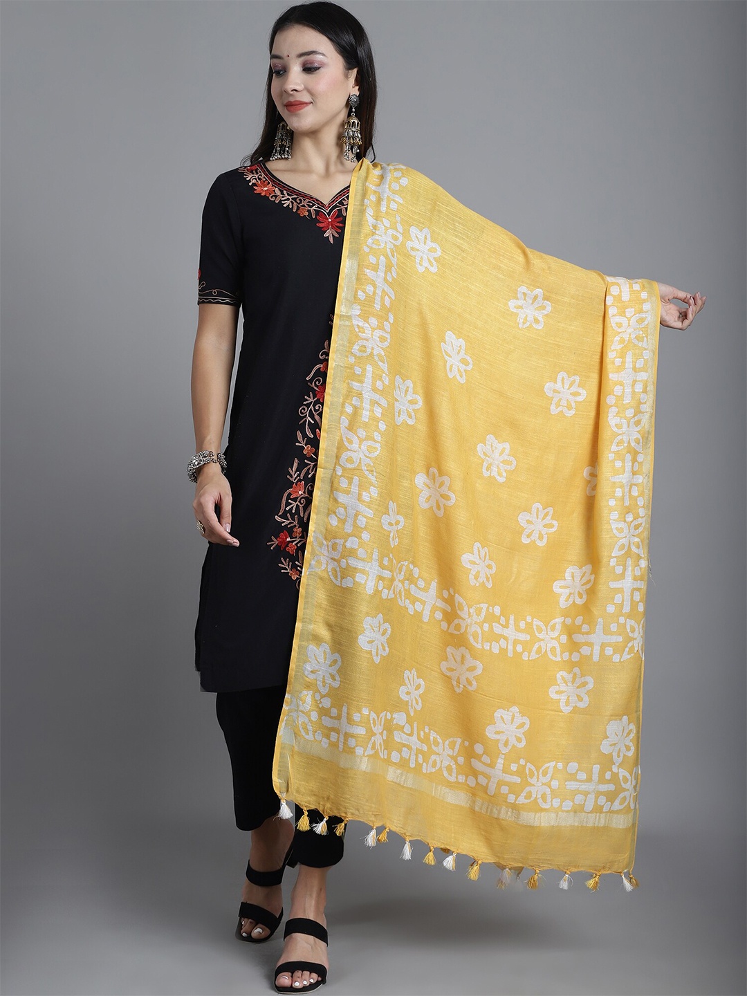 

LOOM LEGACY Ethnic Motifs Printed Handblock Cotton Silk Dupatta, Yellow