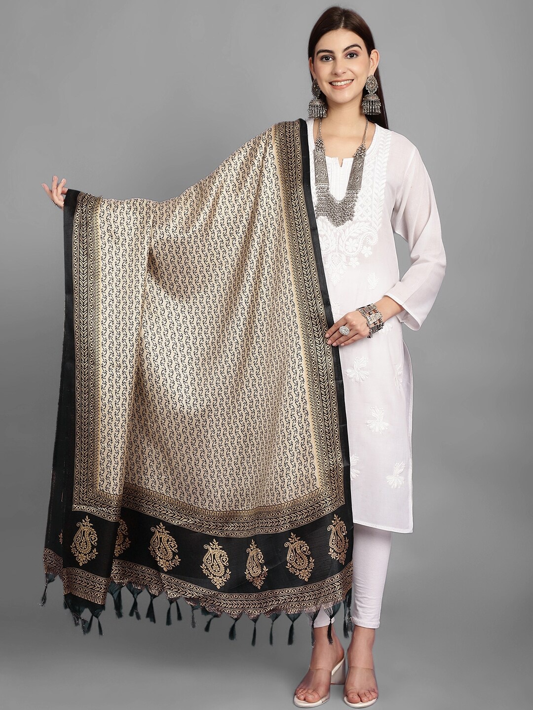 

LOOM LEGACY Ethnic Motifs Printed Art Silk Dupatta, Gold