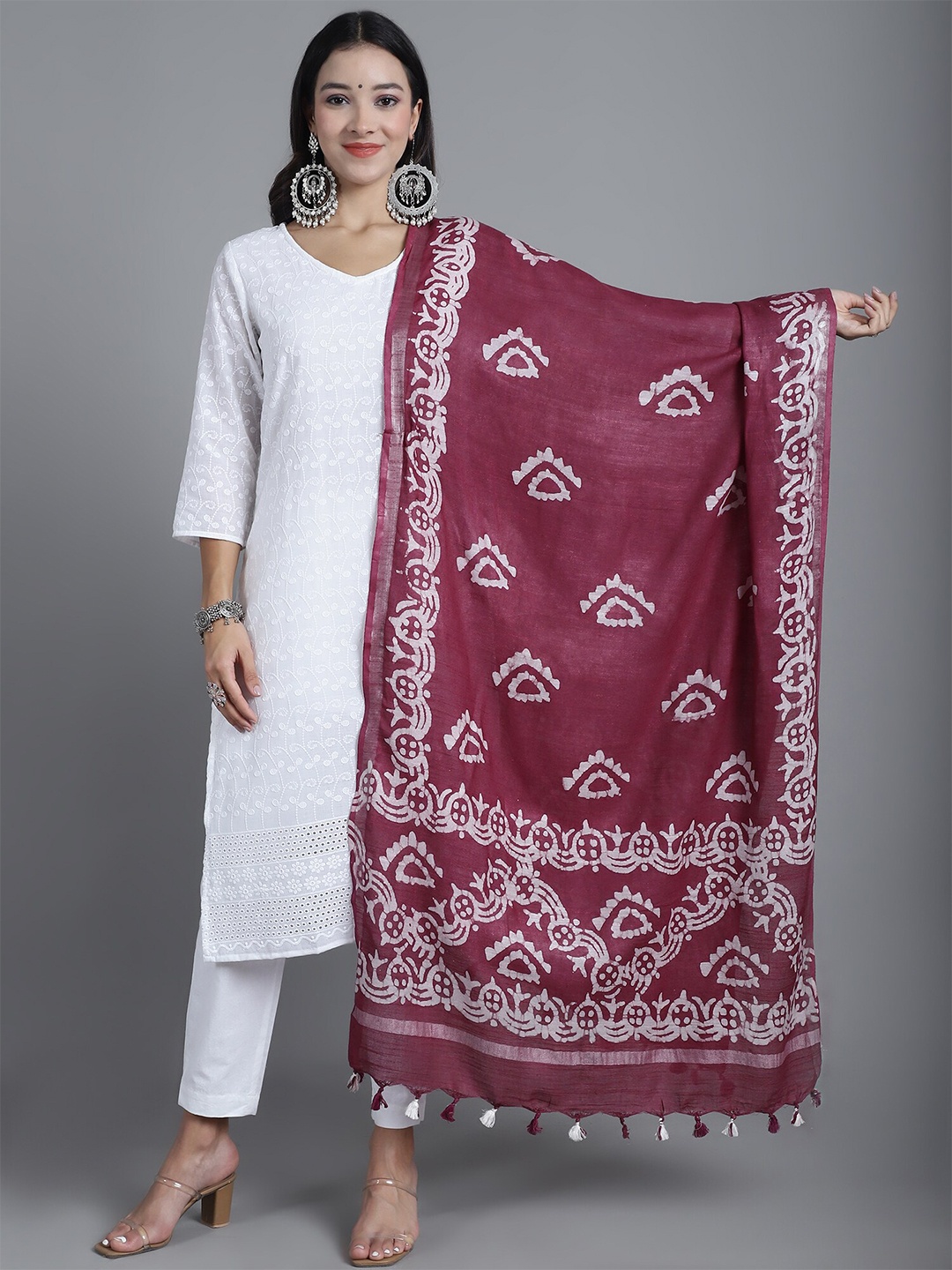 

LOOM LEGACY Ethnic Motifs Printed Handblock Cotton Silk Dupatta, Maroon