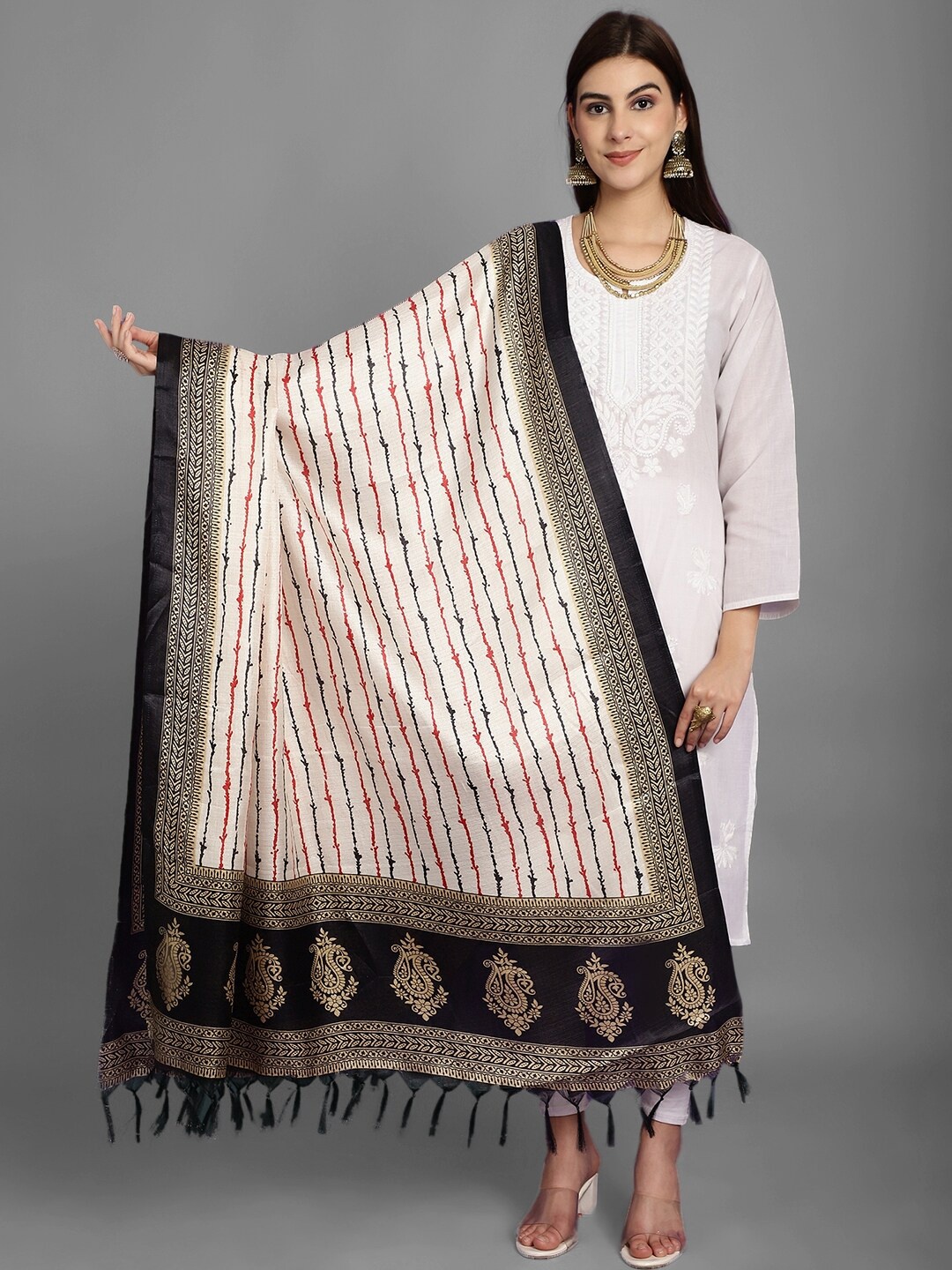 

LOOM LEGACY Ethnic Motifs Printed Art Silk Dupatta, Cream