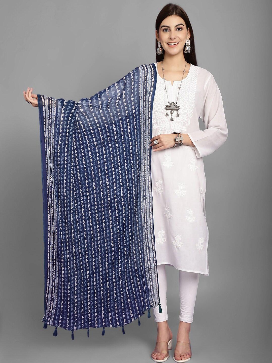

LOOM LEGACY Geometric Printed Chiffon Dupatta, Blue