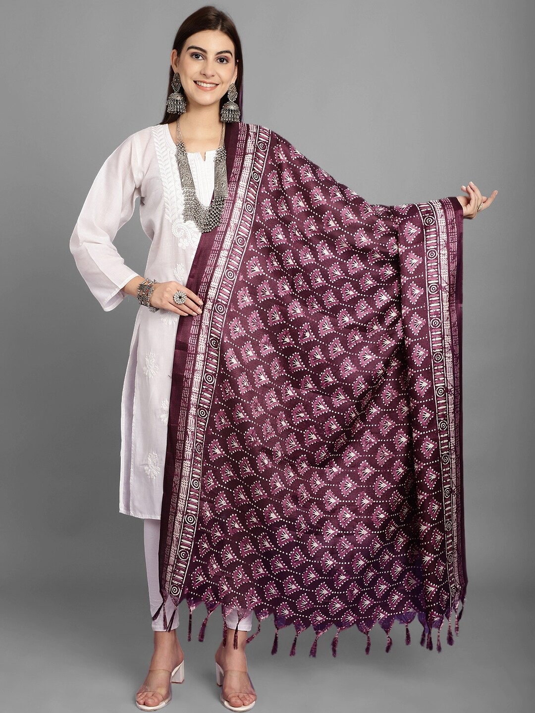 

LOOM LEGACY Block Printed Art Silk Dupatta, Purple