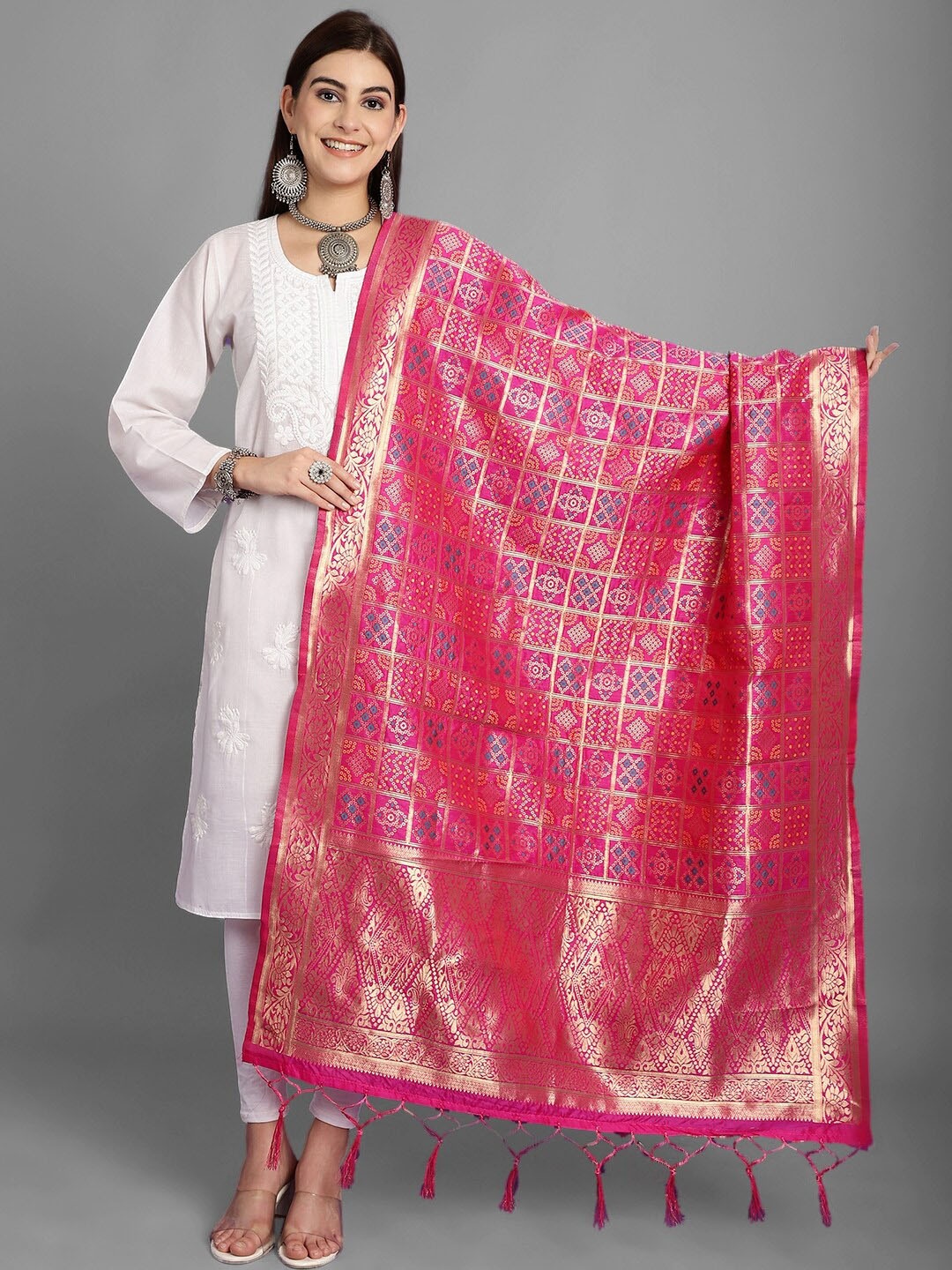 

LOOM LEGACY Ethnic Motifs Zari Woven Design Brocade Digital Printed Tasselled Silk Dupatta, Magenta