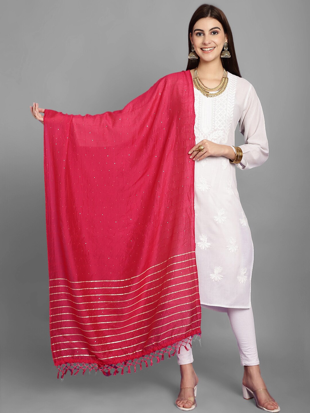 

LOOM LEGACY Woven Design Tasselled Zari Cotton Silk Dupatta, Magenta