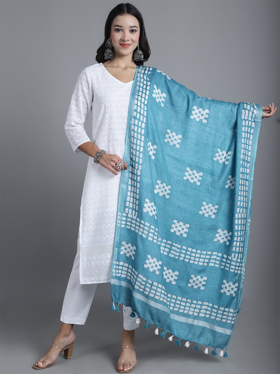 

LOOM LEGACY Ethnic Motifs Block Printed Tasselled Cotton Silk Dupatta, Turquoise blue