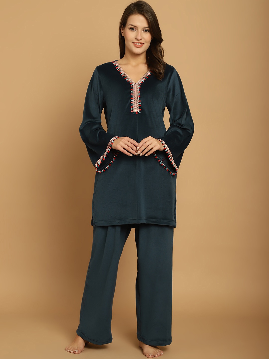 

Secret Wish Embellished V Neck Flared Sleeve Night suit, Turquoise blue